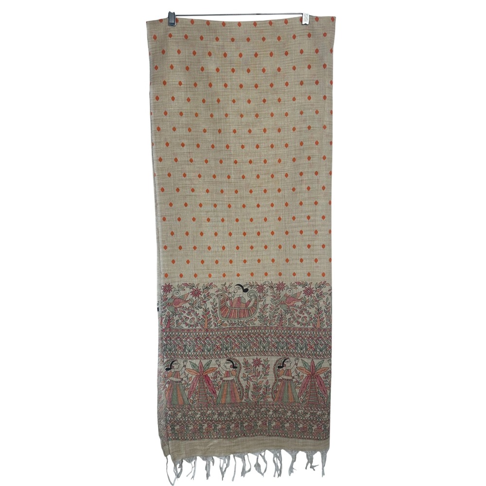 Madhubani Hand Painted Scarf Mithila Art Wrap Beige Orange Art to Wear Folk